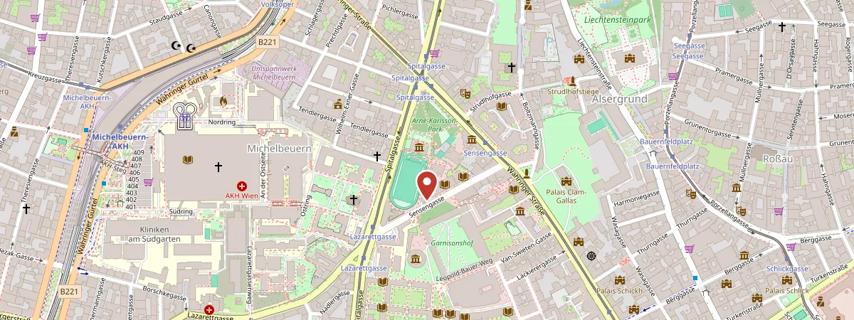 Ausschnitt einer Karte mit dem Standort Sensengasse 3, 1090 Wien